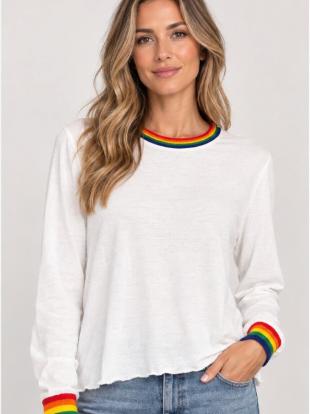 Sol Angeles White Rainbow Trim Long Sleeve Raw Hem Top Women’s Small